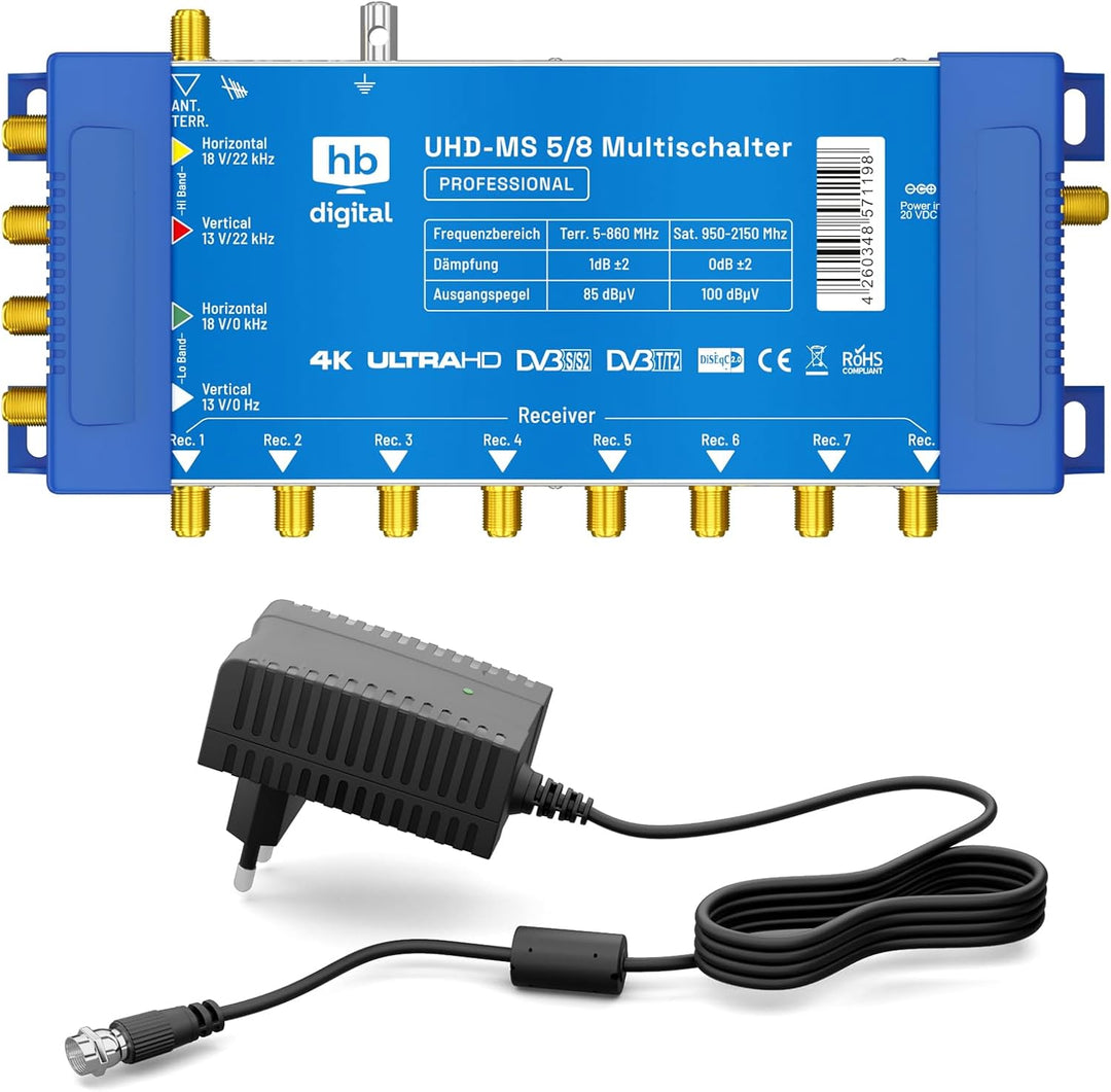 HB-DIGITAL Multischalter pmse 5/8 1x SAT bis 8 x Teilnehmer/Receiver für Full HDTV 3D 4K UHD mit Net