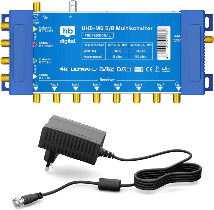 HB-DIGITAL Multischalter pmse 5/8 1x SAT bis 8 x Teilnehmer/Receiver für Full HDTV 3D 4K UHD mit Net