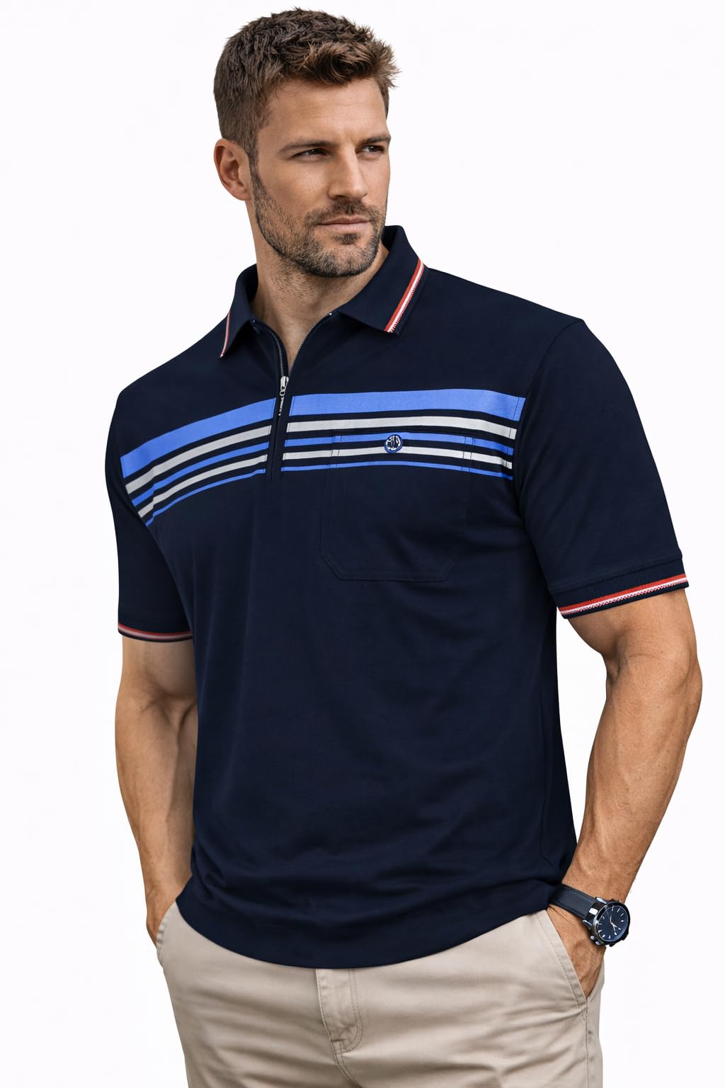 Soltice Herren Kurzarm Poloshirt, Polohemd Kragen, Gestreifte Blousonshirt mit Brusttasche aus Baumw