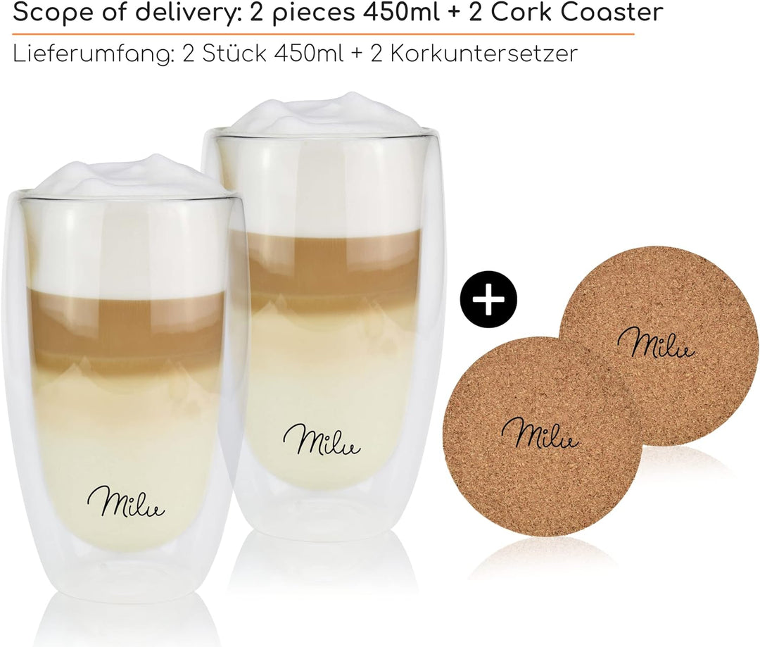Milu Thermogläser Set – 4 vers. Grössen - Doppelwandige Espresso Gläser - Kaffeegläser, Latte Macchi
