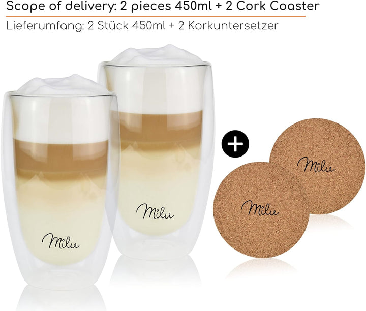 Milu Thermogläser Set – 4 vers. Grössen - Doppelwandige Espresso Gläser - Kaffeegläser, Latte Macchi
