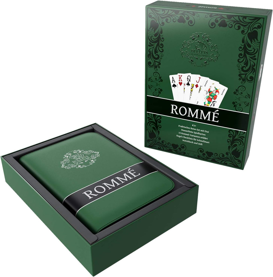 Bullets Playing Cards, Rommee Set, 2X Rommekartendeck in Kunstleder Etui mit Regelheft, Stift, Notiz