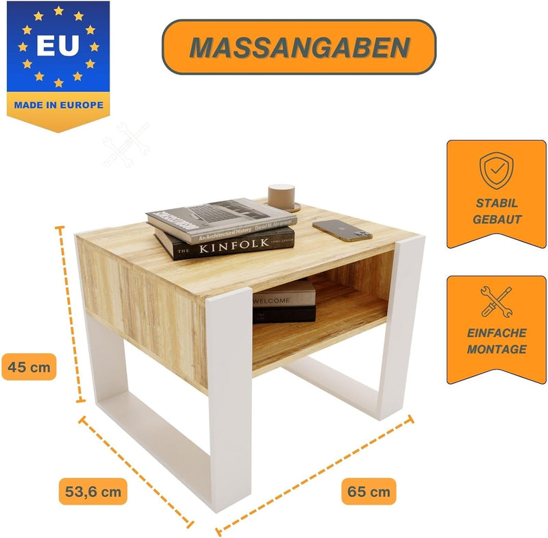 CraftPAK Wohnzimmer Tisch für Couch aus hochwertigem Holz, Stabiler & moderner Couchtisch mit zusätz
