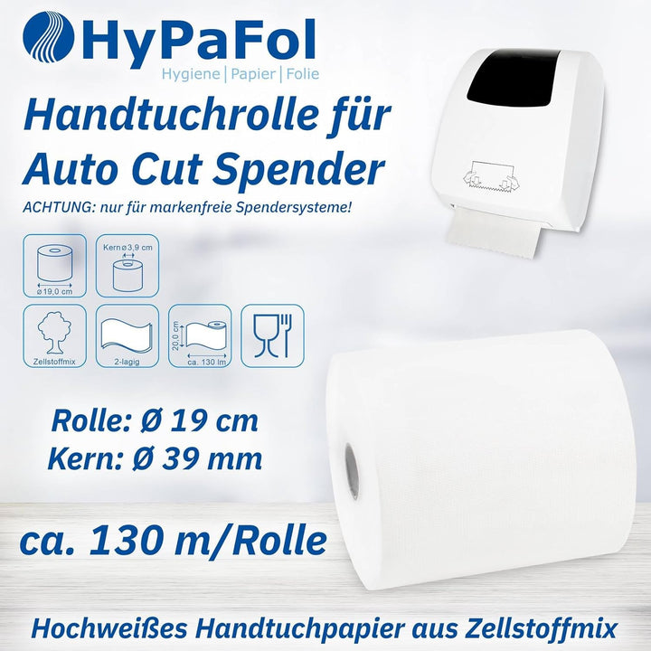 Hypafol Handtuchrolle | 2-lagig, 6 Rollen, 20 cm x 130 Meter, Ø19 cm |Papierhandtuchrolle aus Zellst