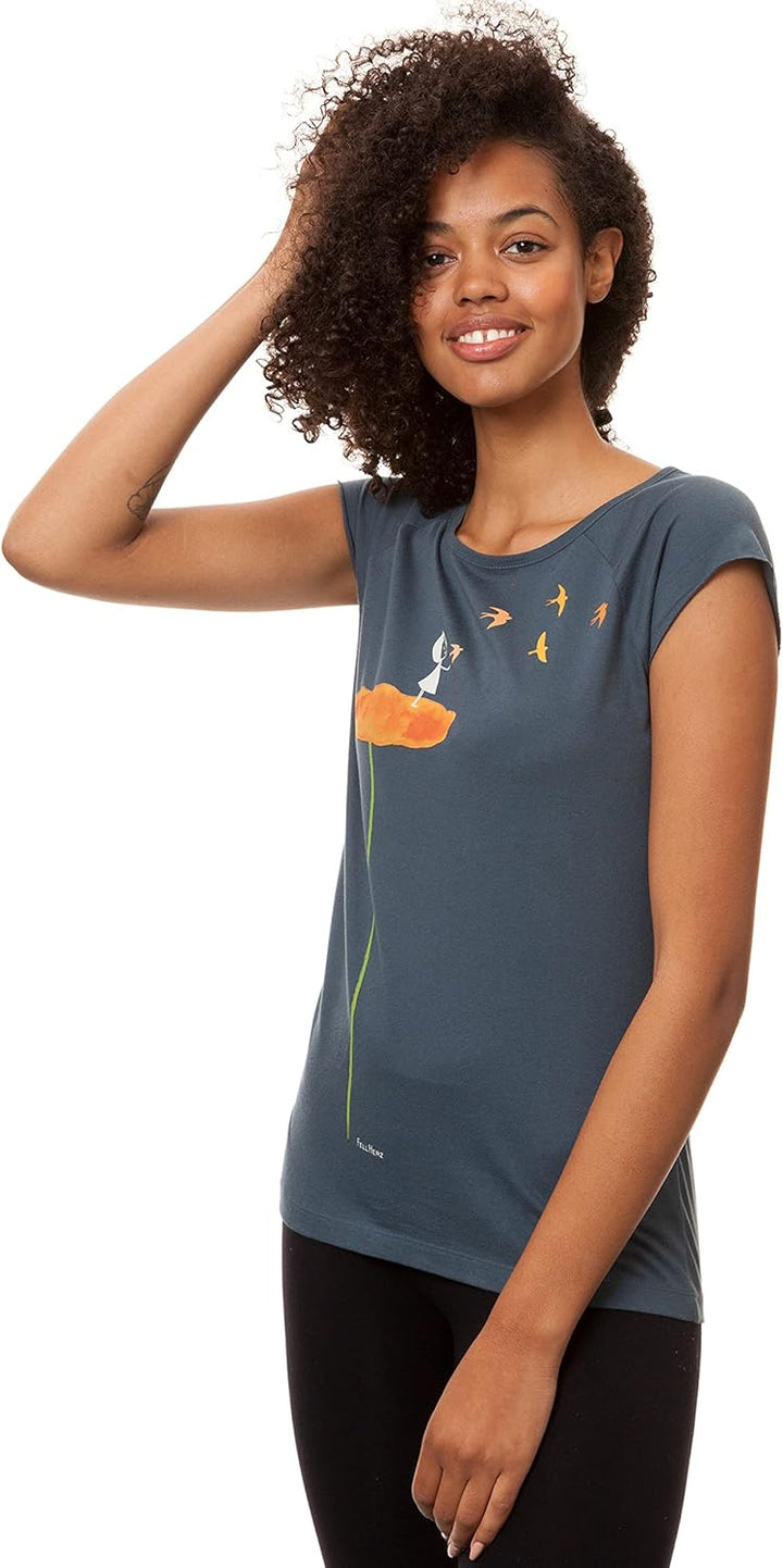 FellHerz Damen T-Shirt Schwalbenzug Blau-Grau Bio Fair und Vegan M Blau, M Blau