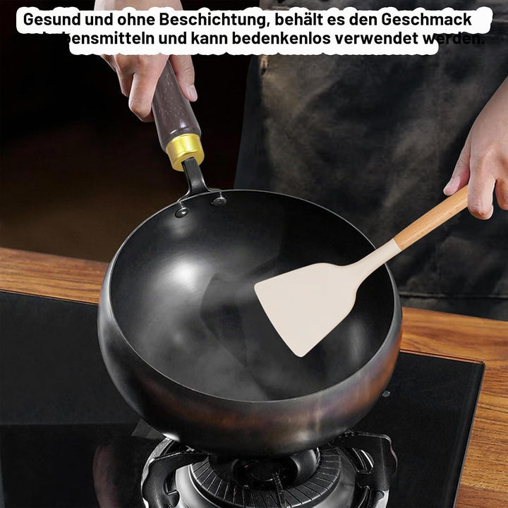 Eisenpfanne Ohne Beschichtung,Eisenpfanne Mit Holzdeckel, Multifunktionaler Eisenpfanne Geschmiedet,
