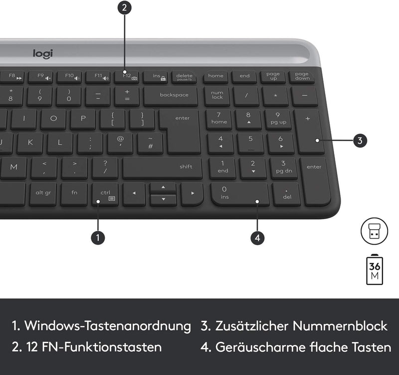 Logitech MK470 Slim Combo Kabelloses Tastatur-Maus-Set, 2.4 GHz Verbindung via Nano-USB-Empfänger, 1