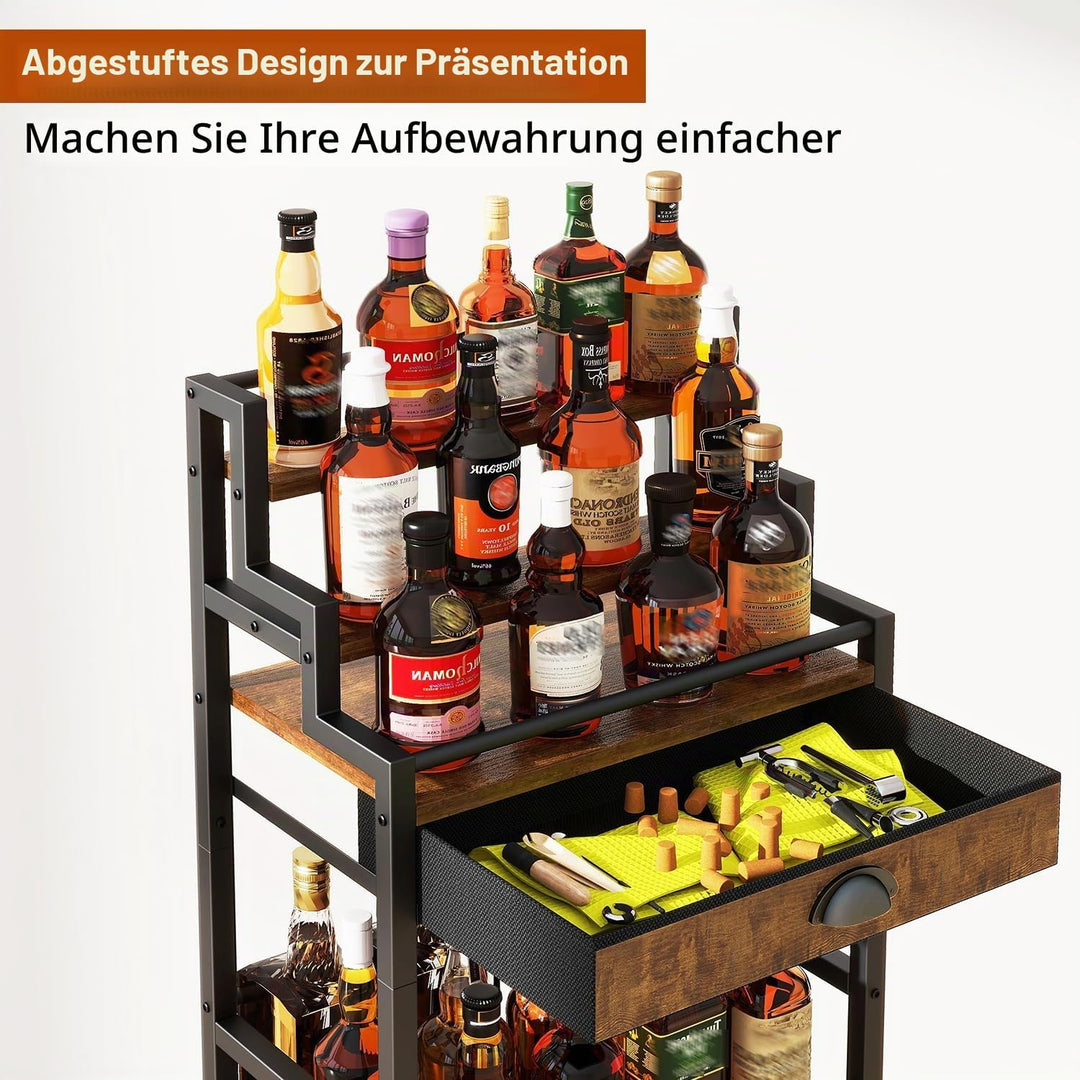 IBUYKE Stufen Weinregal, Freistehend, Weinschrank mit Schublade und Ausstellungsregal für Whisky, Tr