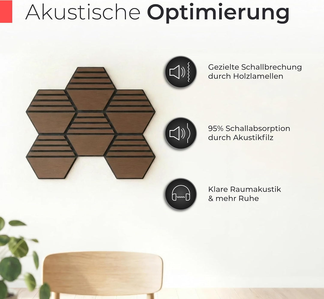 Akustikpaneele Holz selbstklebend – 3er-Set | Echtholz Walnuss & Akustikfilz Schwarz | Hexagon 30x26