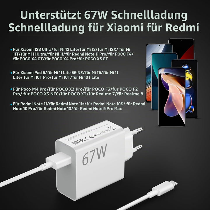 67W Turbocharge Ladegerät mit USB C Ladekabel für Xiaomi,USB Netzteil Adapter für Xiaomi 13T 13 Pro