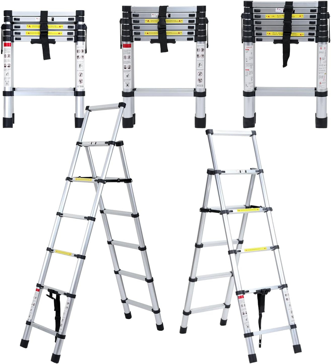 Fiqops 1,4m+1,7m Teleskopleiter aus Aluminium, 4+5 Stufen Klappleiter A-Rahmen Mehrzweckleiter Stehl
