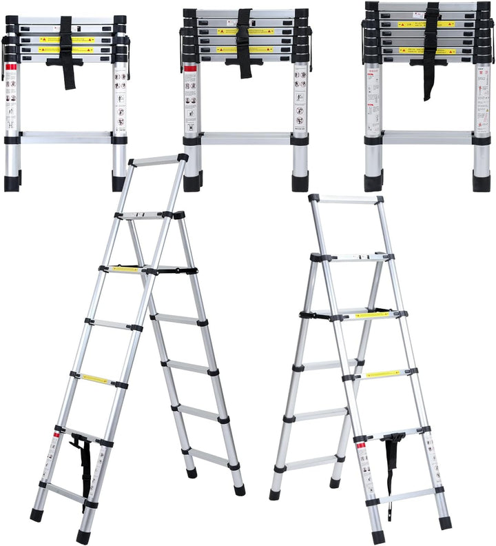Fiqops 1,4m+1,7m Teleskopleiter aus Aluminium, 4+5 Stufen Klappleiter A-Rahmen Mehrzweckleiter Stehl