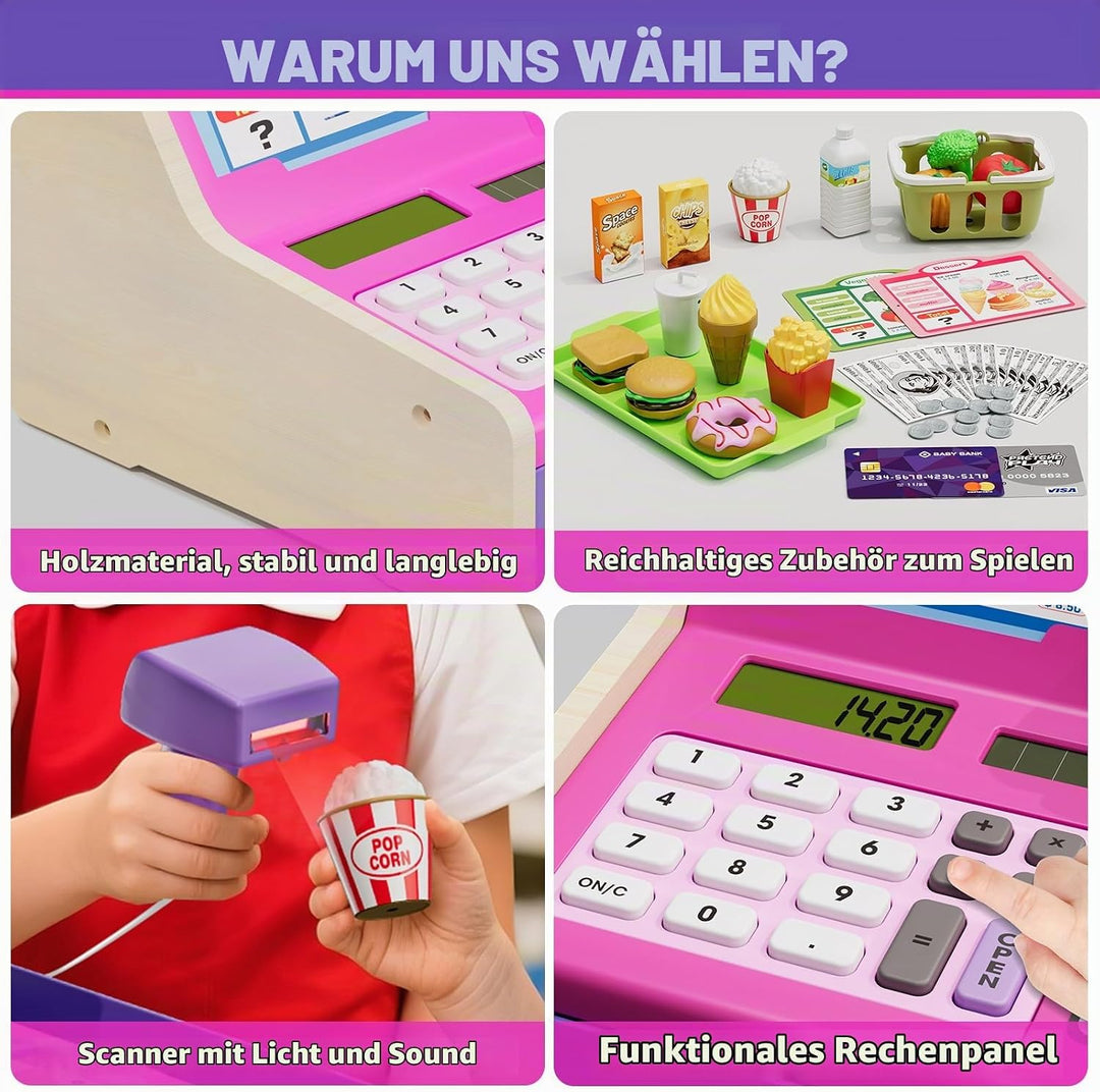 Kinder Kasse Holzkasse mit Sound, Spielkasse Kaufladen Spielzeug mit Spielgeld/Münzen/Kreditkarte/Ei