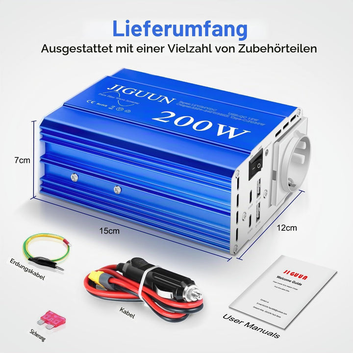 JIGUUN 200W Wechselrichter 12V/24V auf 230V Reiner Sinus Spannungswandler mit EU Steckdose,2 USB,2 T
