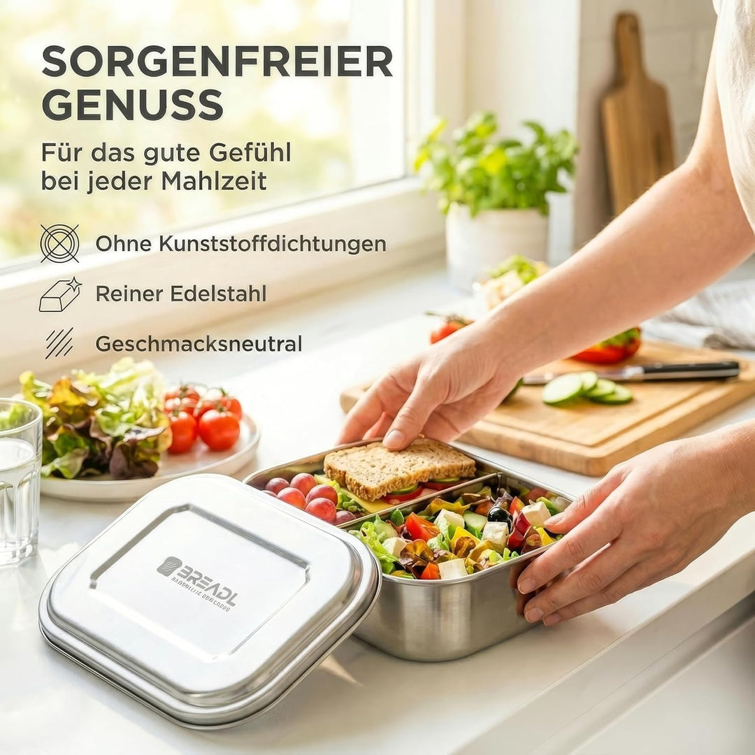 Edelstahl Brotdose, Feste Trennwand und 3 Fächer, Plastikfrei, Rostfrei, Spülmaschinengeeignet, Gros