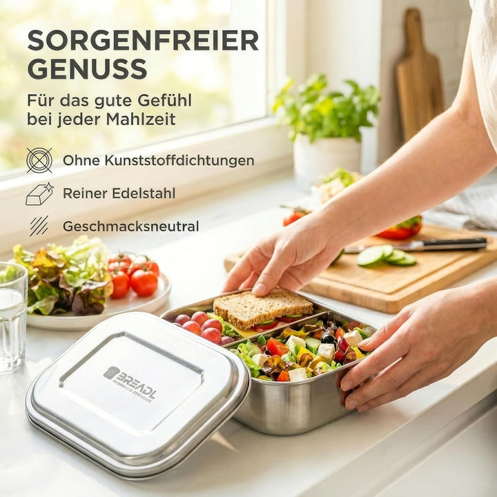 Edelstahl Brotdose, Feste Trennwand und 3 Fächer, Plastikfrei, Rostfrei, Spülmaschinengeeignet, Gros