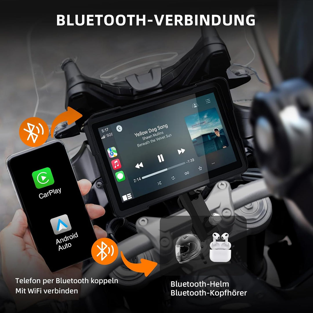 7 Zoll Motorrad Display mit Wireless CarPlay &amp; Android Auto, 1000 Nits Helles Motorrad Navi Touchscr