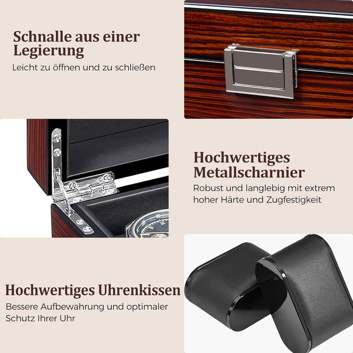 BEWISHOME Uhrenbox aus Holz für Herren – Luxus-Uhrengehäuse, Echtglas-Oberseite, glattes Kunstleder