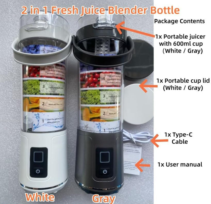 Tragbarer Mixer to go, 600ml Fresh Juice Mixer Flasche Mini Mixer und Smoothie Maker mit 12 Klingen,