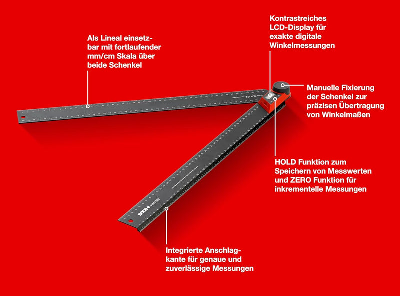 SOLA WMD 500 - Digitaler Winkelmesser - Länge 500 mm - Anschlagwinkel mit LCD Anzeige für exakte Win