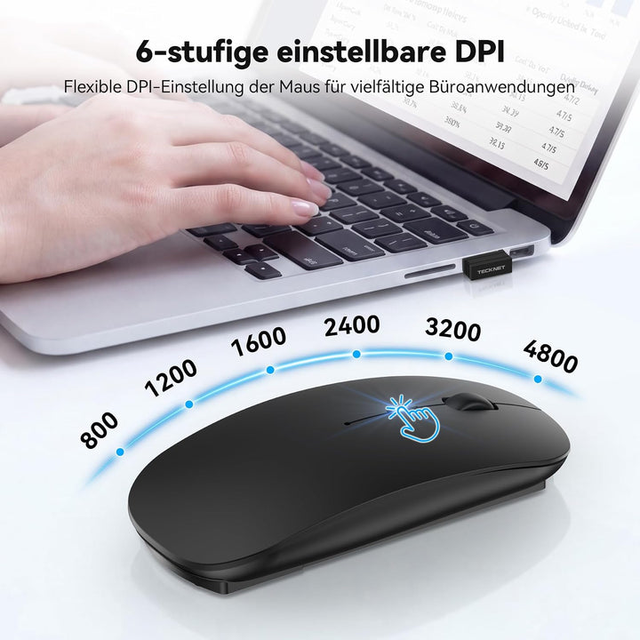 TECKNET Bluetooth Maus USB-C &amp; USB-A, Slim Kabellose Maus mit 4 Tasten Schwarz, Schwarz