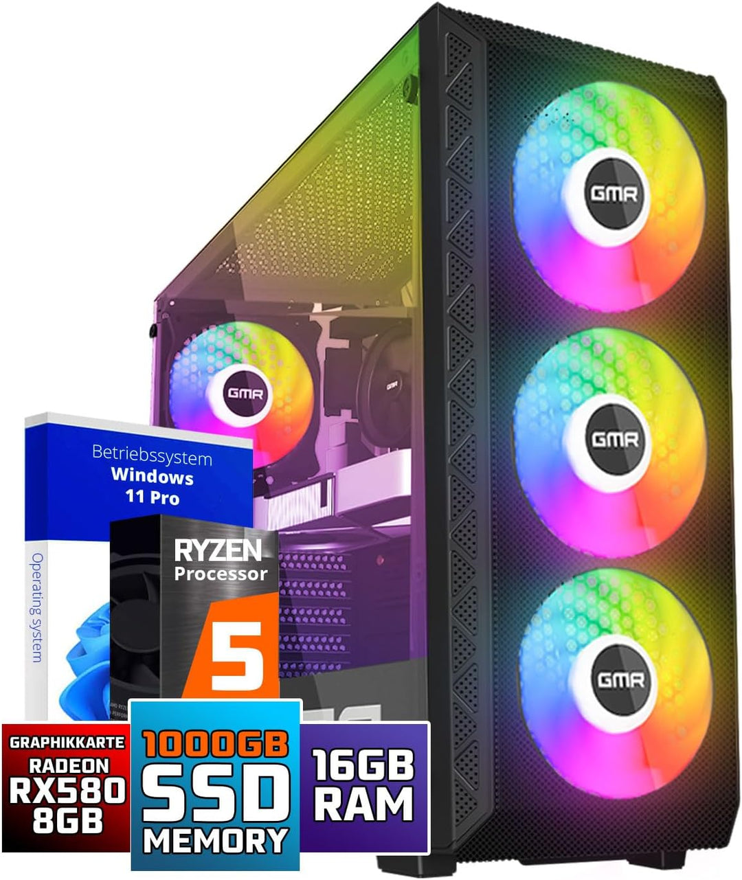 GMR Power Gaming PC - Ryzen 5 für Gamer | 3 Jahre Garantie | 16 GB RAM | 1000GB SSD | RX 580 Radeon