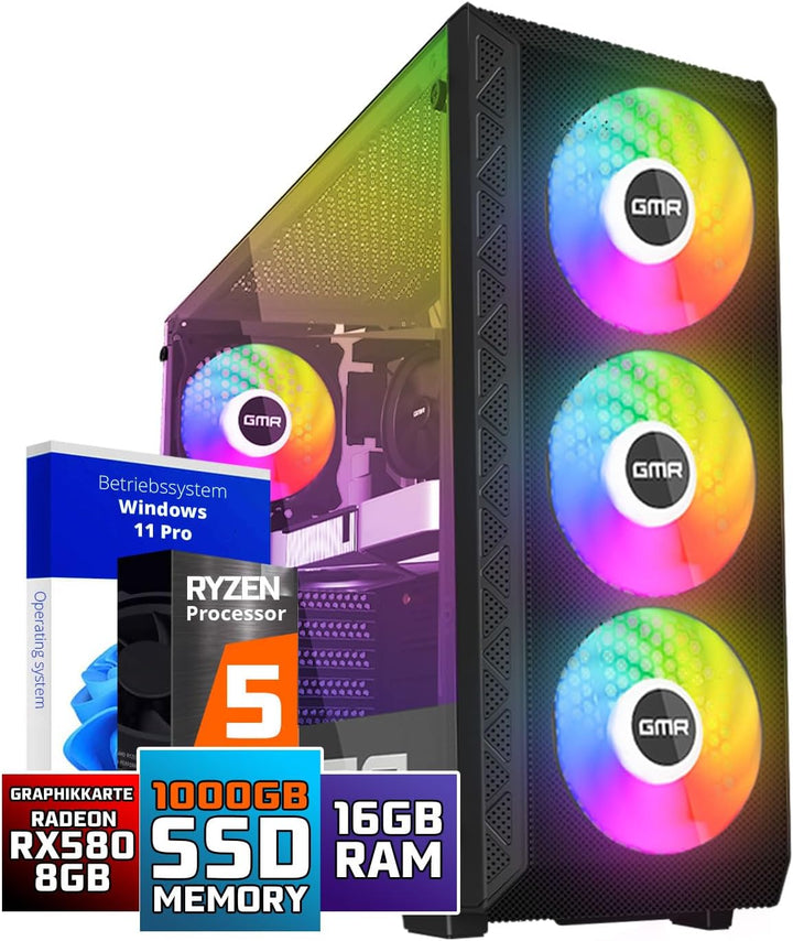 GMR Power Gaming PC - Ryzen 5 für Gamer | 3 Jahre Garantie | 16 GB RAM | 1000GB SSD | RX 580 Radeon