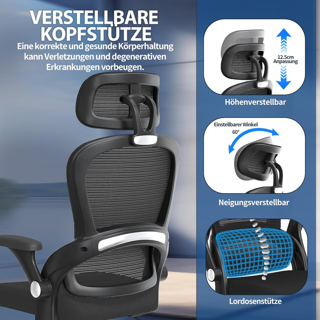 TRALT Ergonomischer Bürostuhl - Schreibtischstuhl mit Verstellbare Kopfstütze Höhenverstellbarer Bür