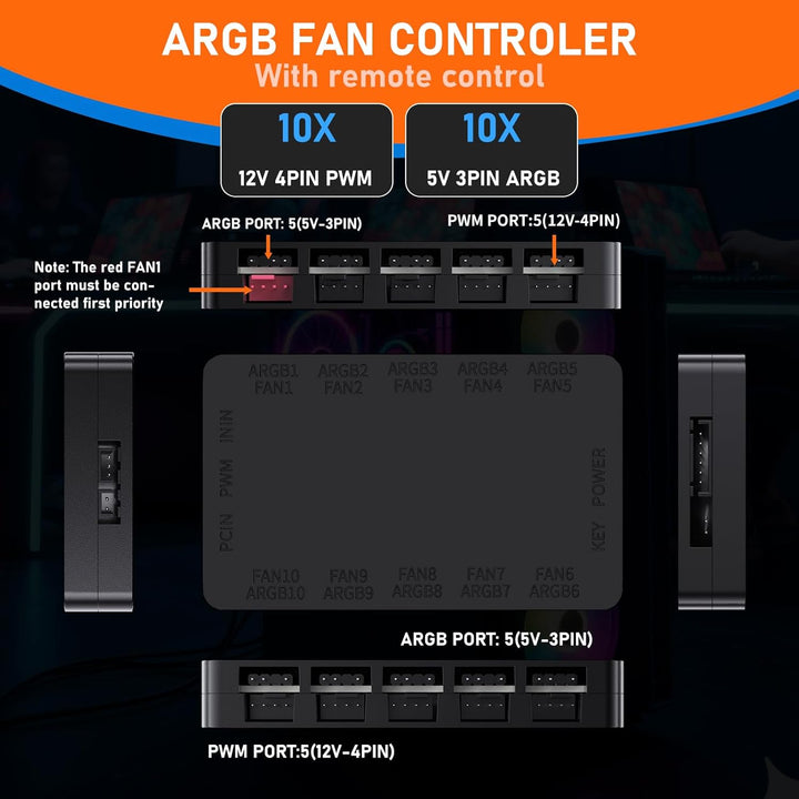 2-in-1 ARGB PWM Lüfter-Hub mit Controller, 10 x 4-Pin PWM Lüfter-Anschlüsse, 10 x 5V 3-Pin ARGB Port