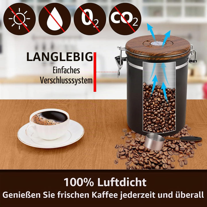 ZWOOS Kaffeedose Luftdicht 1kg Bohnen - Kaffeebohnen Behälter aus Edelstahl mit Messlöffel Deckel au
