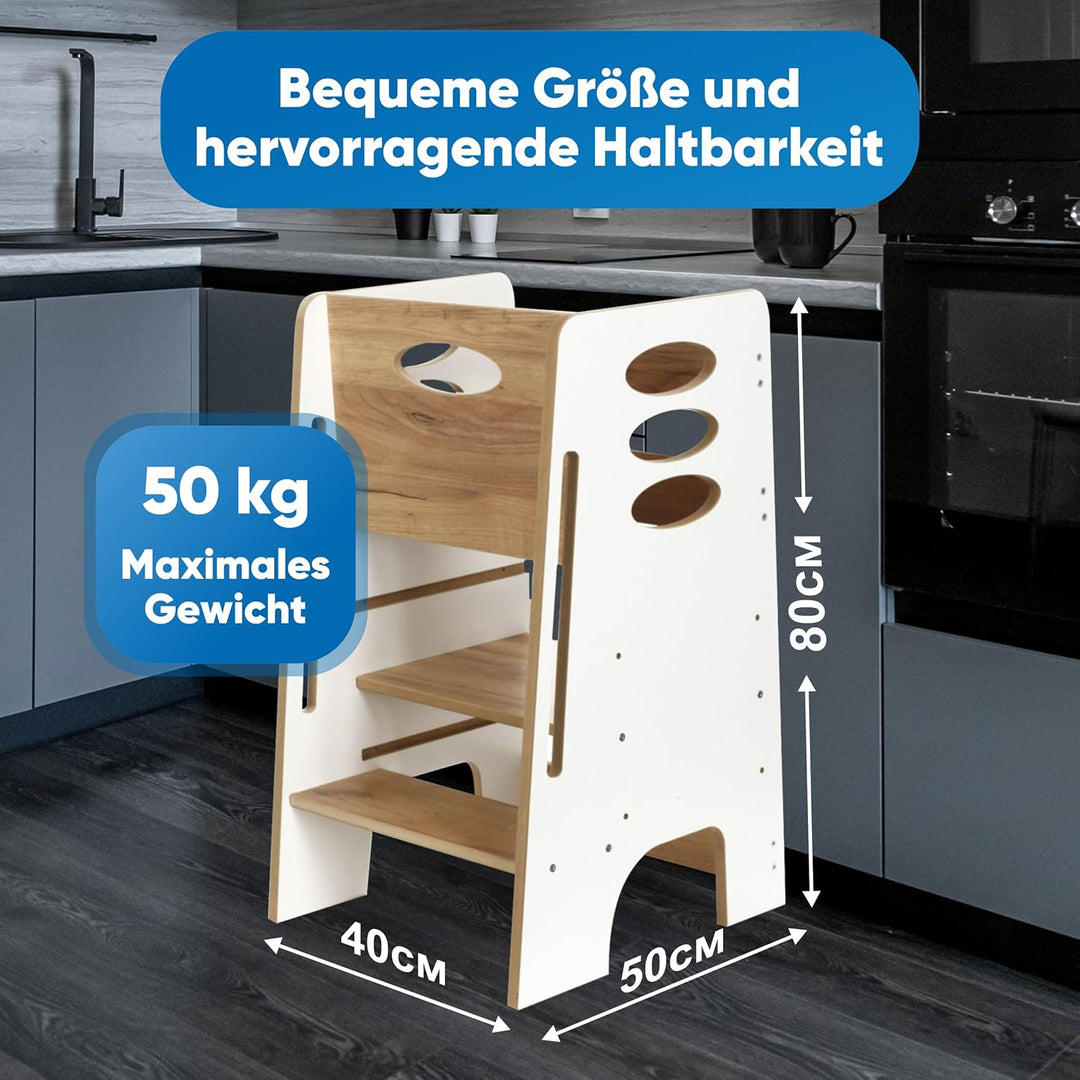 Kitchen Kids Helper Lernturm ab 1 Jahr - Höhenverstellbarer Lernturm Montessori Weiss und Eich 80cm