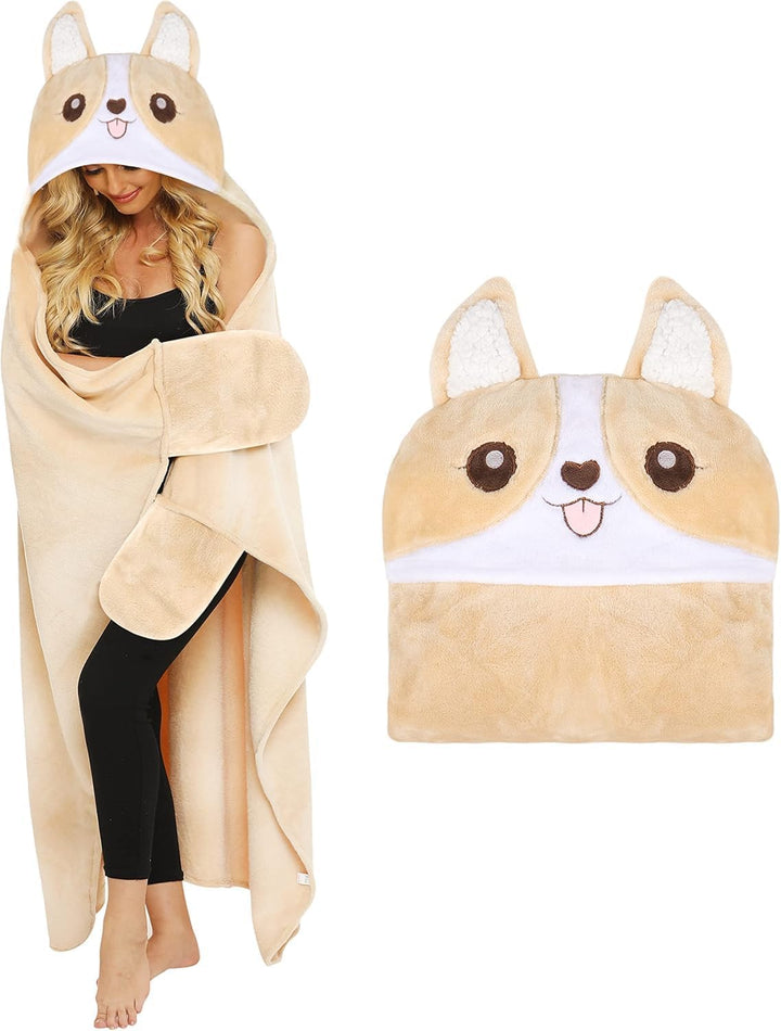 Shoppawhile Corgi Decke mit Ärmeln und Kapuze für Hundebesitzer Kuscheldecke Flauschig Süsse Blanket