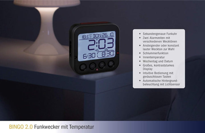 TFA Dostmann Bingo 2.0 digitaler Funk-Wecker mit Temperaturanzeige, Kunststoff, schwarz, (L) 95 x (B