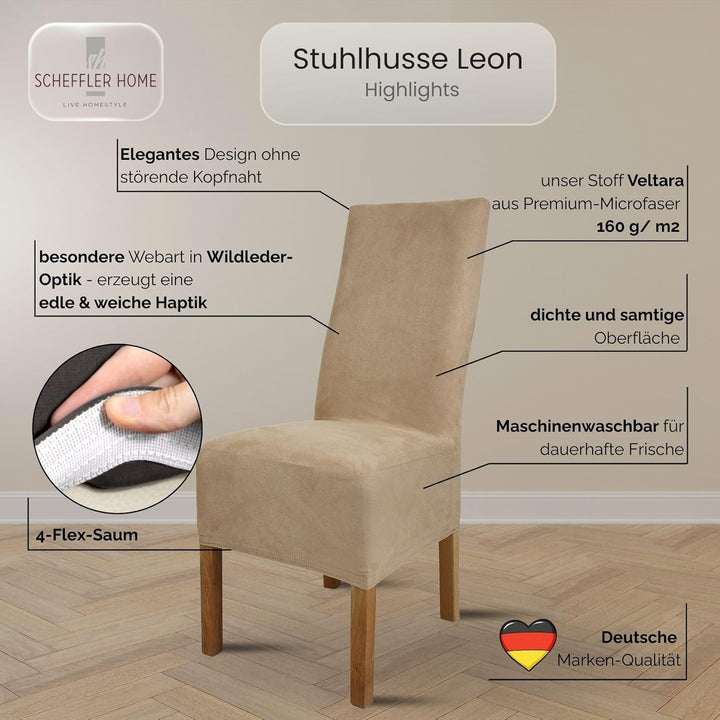 SCHEFFLER-Home Stuhlhussen 6er Set Leon Beige-Stein/elastische Wildleder Hussen für Stühle/Robustes