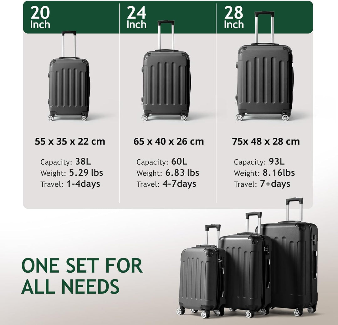 LEADZM Koffer Set 3 Teilig, Reisekoffer Set, Kofferset mit 4 Rollen und Zahlenschloss, Handgepäck Ko