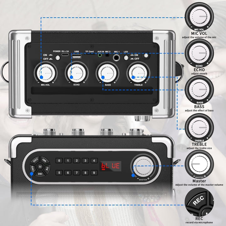 Karaoke-Maschine mit 2 kabellosen Mikrofonen, tragbarer Bluetooth 5.3-Lautsprecher mit LED-Leuchten,