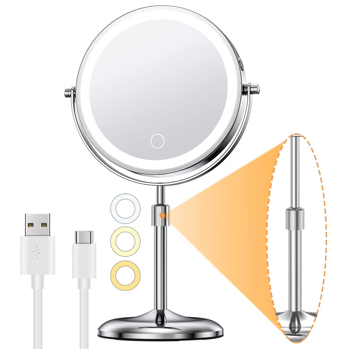 Gospire Wiederaufladbar Kosmetikspiegel mit Licht, 1X/10X Vergrösserung, 3 Farben Dimmable & Höhenve