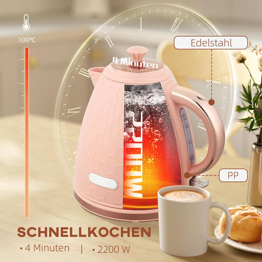 HOMCOM Elektrischer Wasserkocher, 1,7L, Schnellkochfunktion, 2,2kW, Kabellos mit herausnehmbarem Ant
