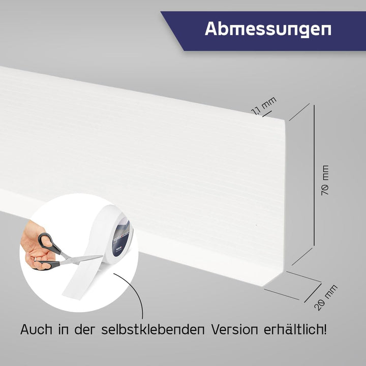HOLZBRINK Weichsockelleiste PVC 70x20mm, 25 m | Winkelleiste ohne Klebestreifen für Kantenschutz Wan