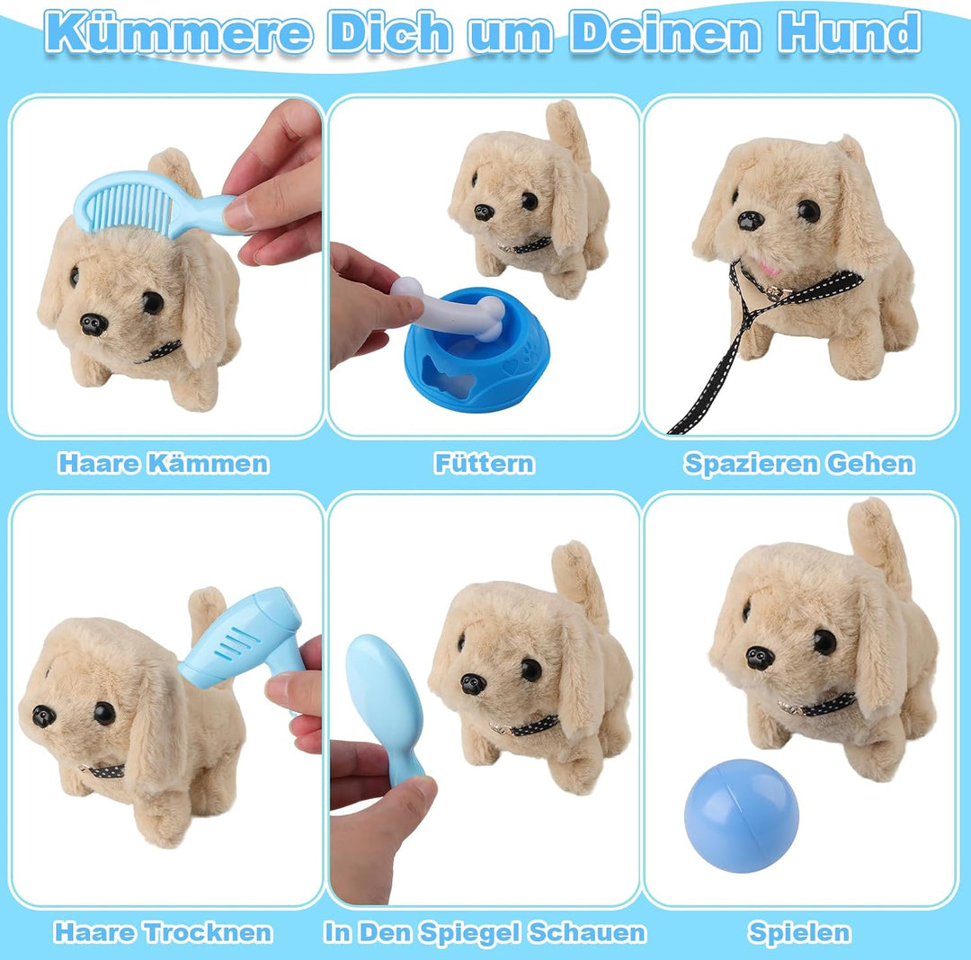 Hund Spielzeug Kinder, 14 PCS Spiel Kuscheltier Hund mit Leine, Interaktives Plüsch Hund der Läuft,