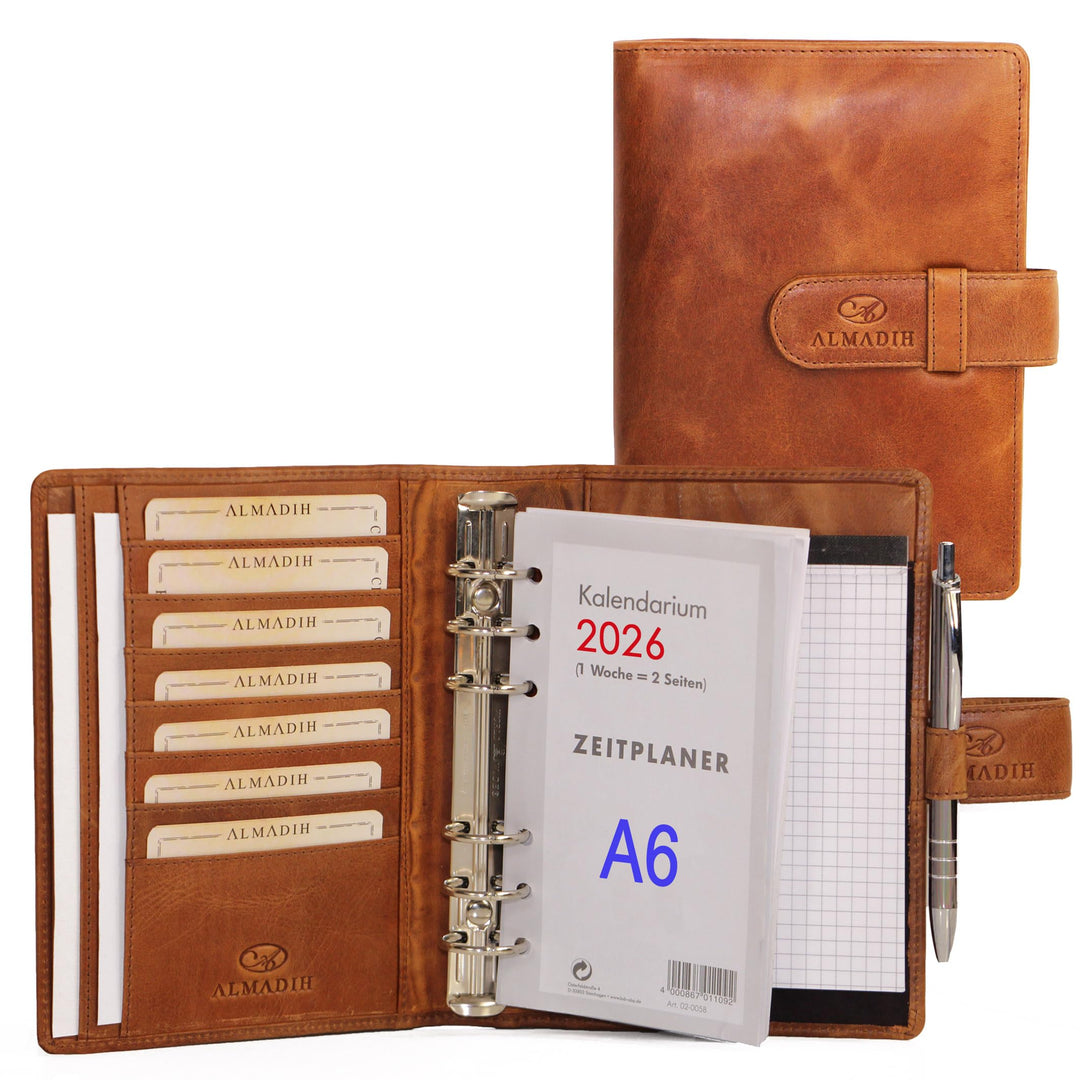 ALMADIH echt Leder A6 Terminplaner mit Kalender 2026 + Notizblock - braun deluxe Ledermappe Mappe Sc