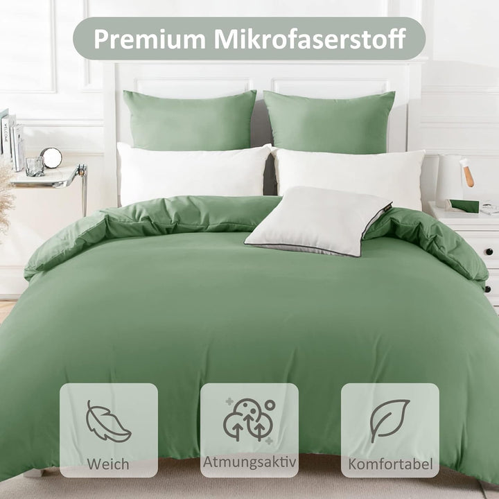 REDKEY Bettwäsche 200x220 3-teilig Rasen grün - Mikrofaser Bettwäsche-Set mit Reissverschluss, 200 x