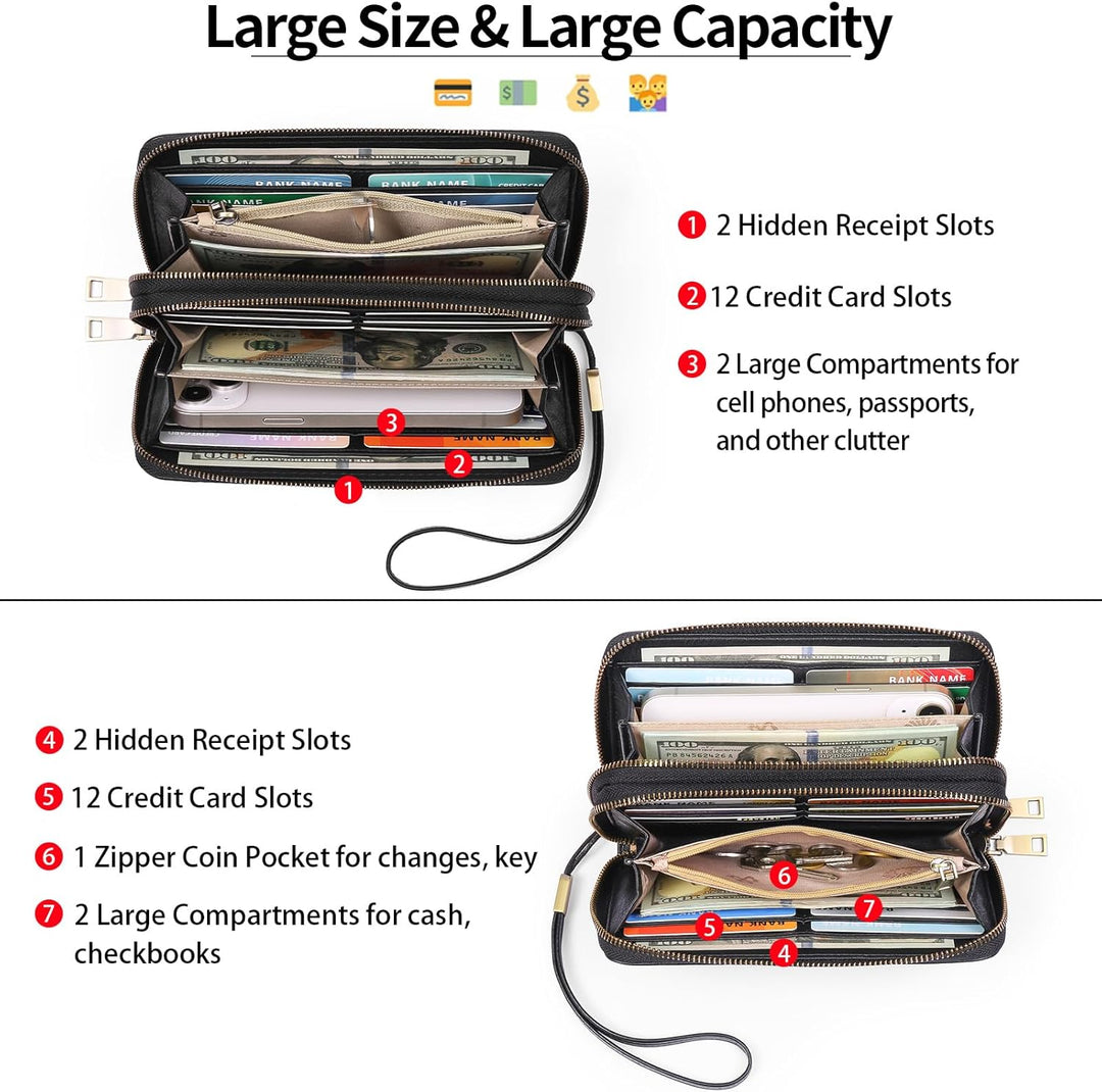 GAEKEAO Geldbörse Damen Gross, Portemonnaie Damen Veganes Leder Doppel Reissverschluss Kreditkartene