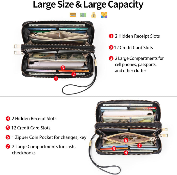 GAEKEAO Geldbörse Damen Gross, Portemonnaie Damen Veganes Leder Doppel Reissverschluss Kreditkartene