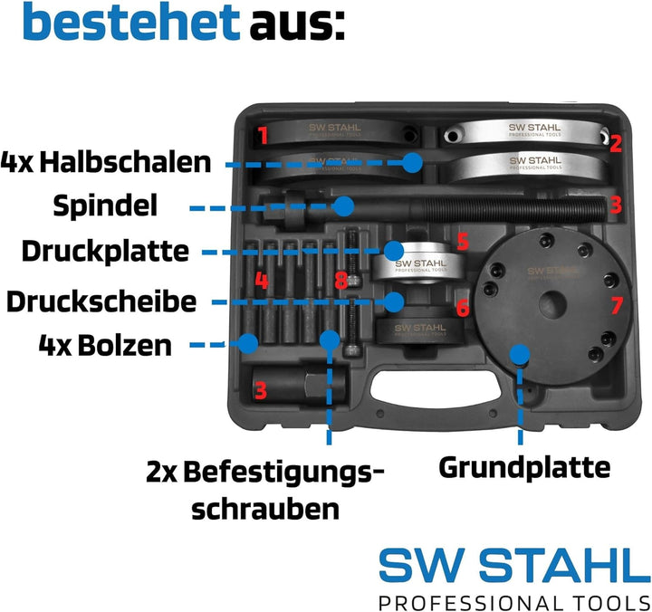 SW-Stahl 301050L Kompaktlager Werkzeugsatz, VAG, 16-teilig I Radlager Ausbau &amp; Einbau I Lagerwechsel