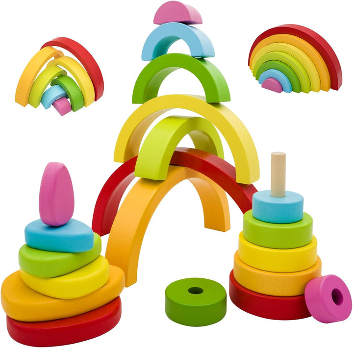 RunHero 3-in-1 Montessori Stapelspielzeug Holzbausteine Regenbogen Motorikspielzeug Grimms Bauklötze