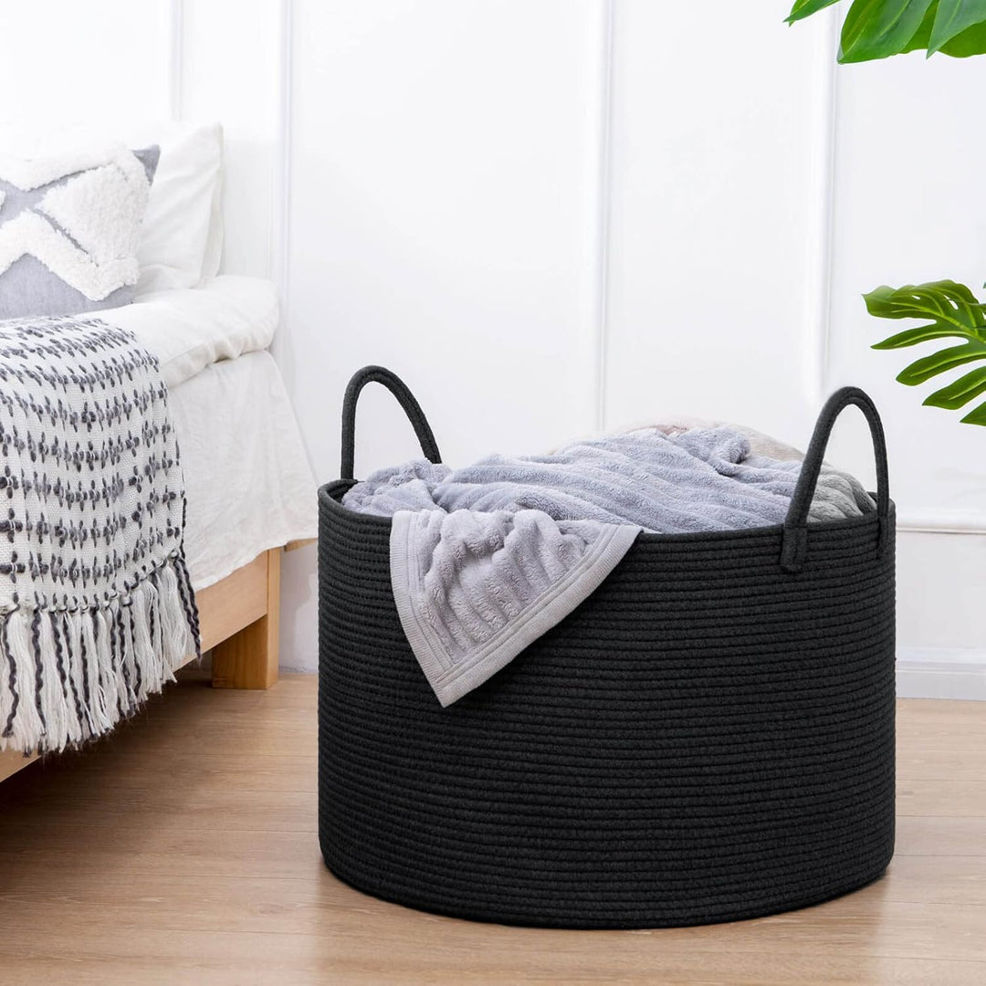 TIMEYARD Aufbewahrungskorb Gross Baumwolle Geflochten 55x35cm Schwarz | Grosser Korb für Decken, Kis