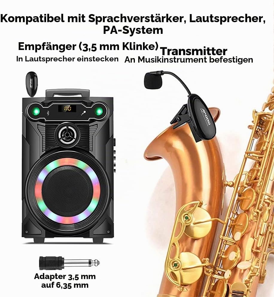 VOEMPHI 2.4G Drahtloses Saxophon Mikrofon Clip auf Musikinstrumente Mikrofon, Drahtloser Empfänger u