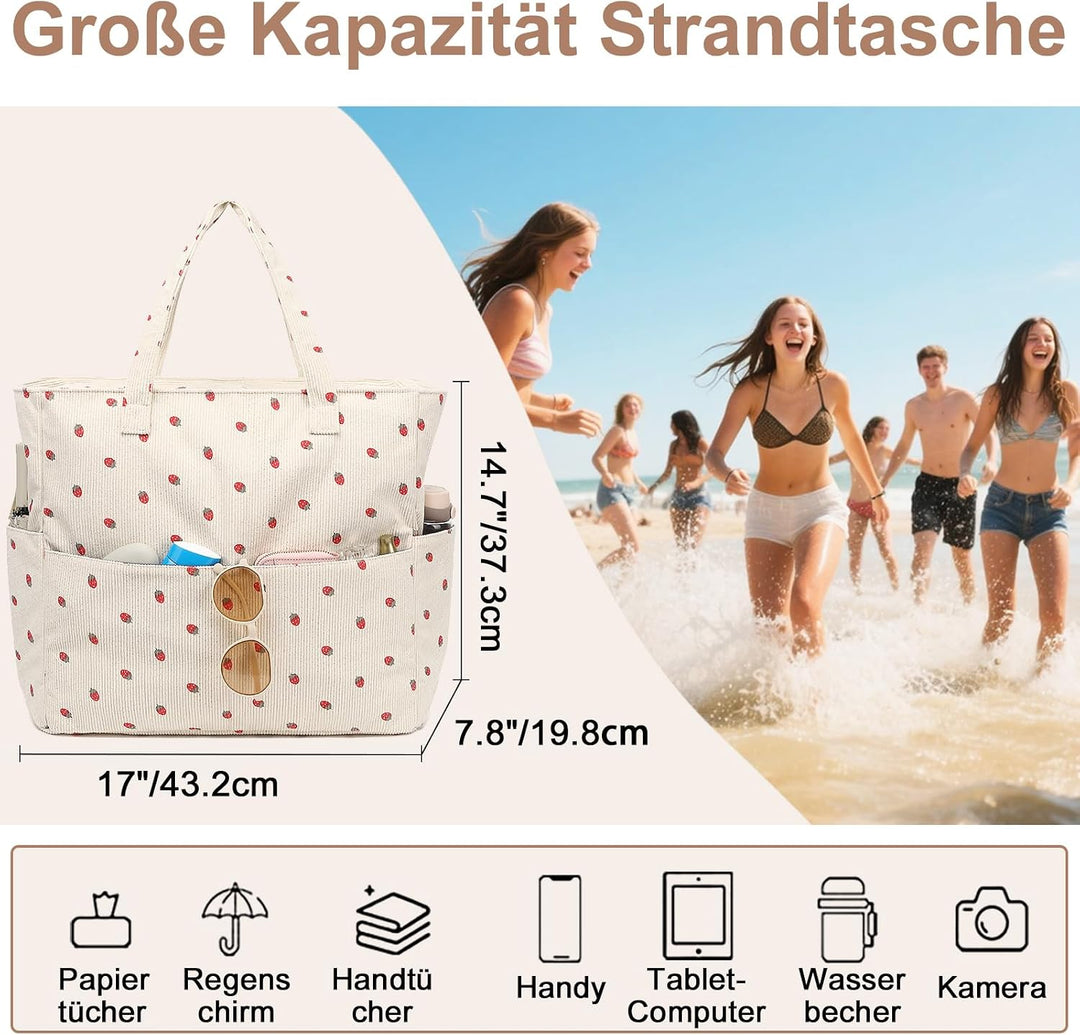 LEDAOU Strandtasche Damen, Grosse Cord Tote Bag mit wasserdichtem Nassfach Beige Erdbeeren, Beige Er