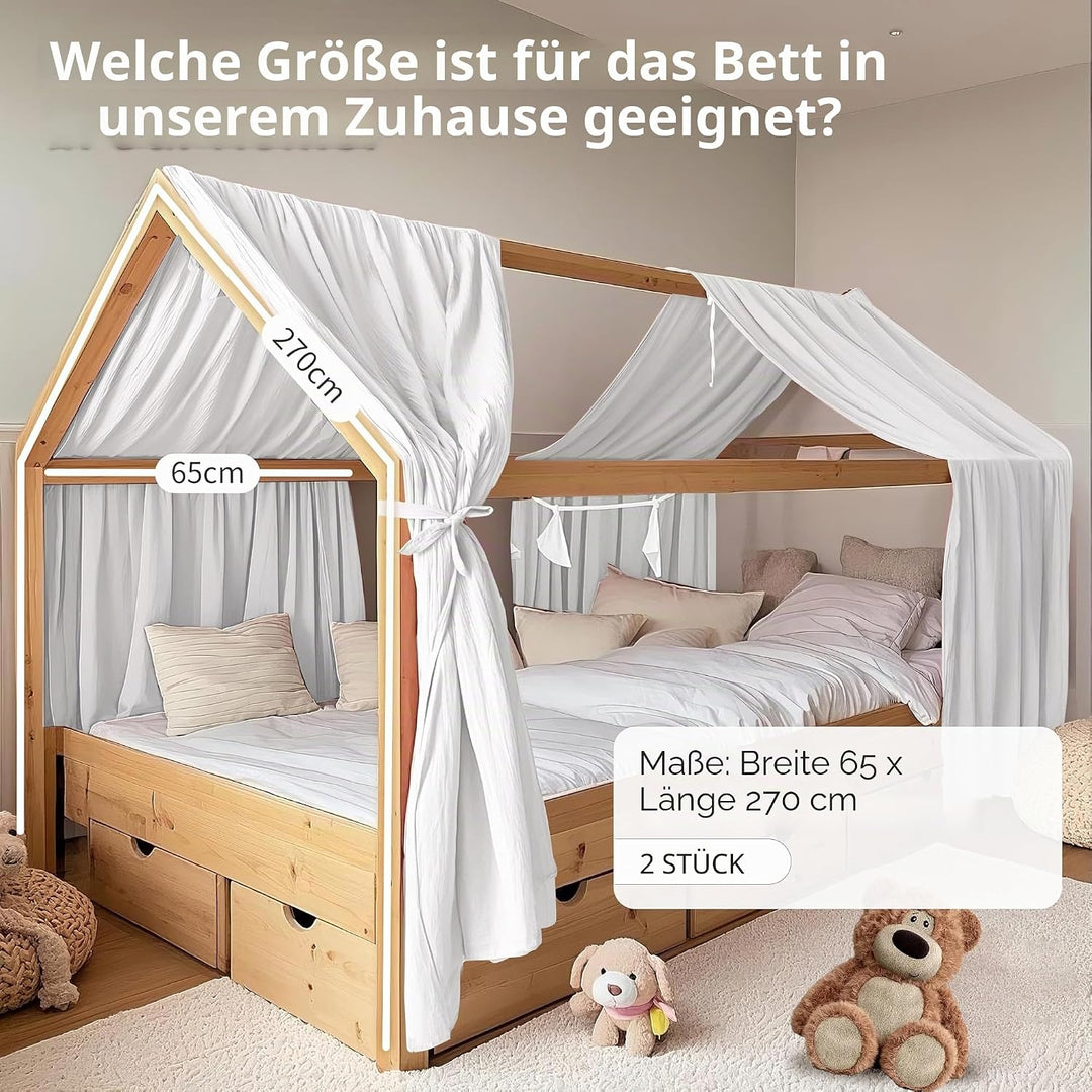 Hausbetthimmel 2 Stück, handgefertigt aus 100% Baumwoll-Musselin, Stoffhimmel zur Hausbettdekoration